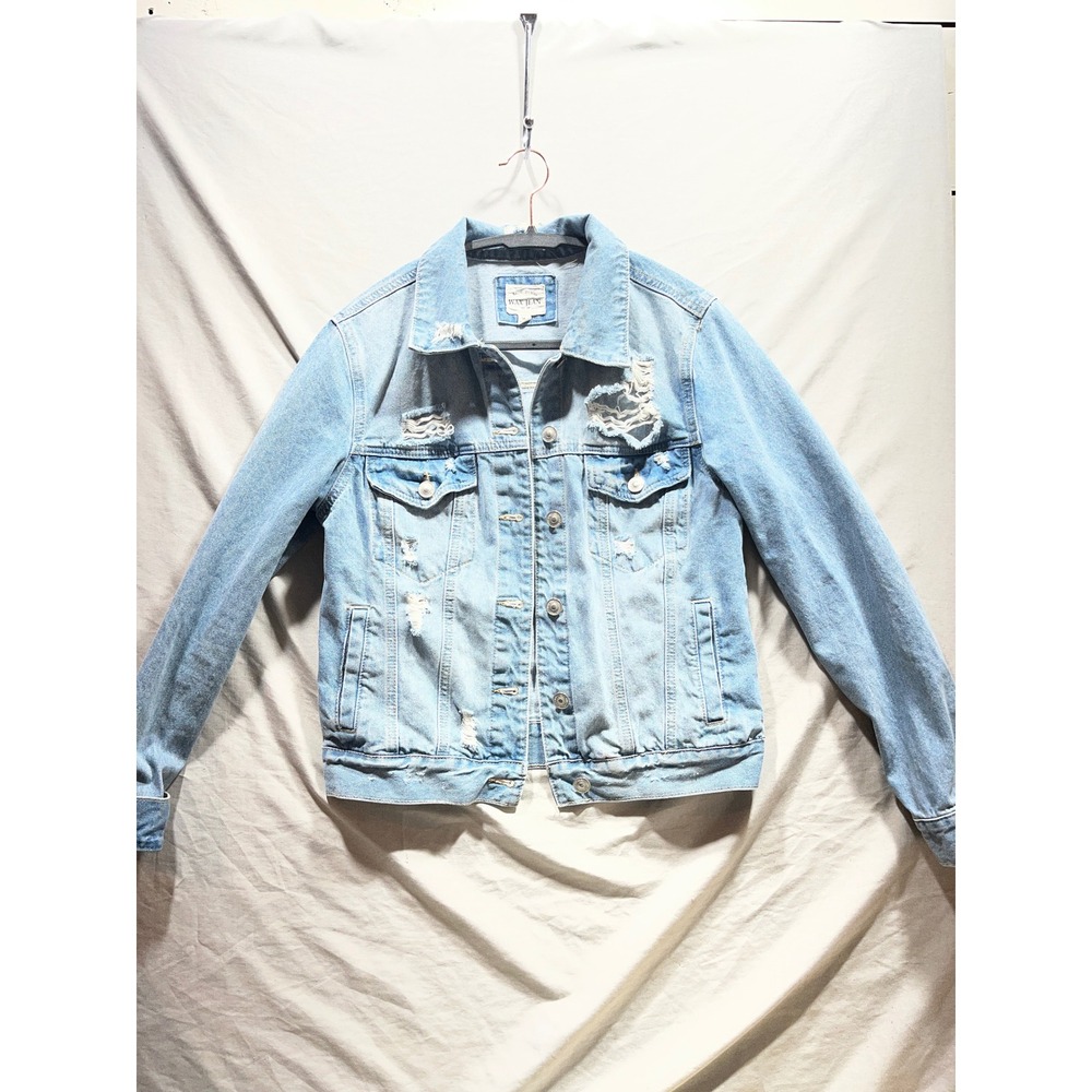 Wax Jean Distressed Denim Jacket Light Wash Blue Cotton Trucker 90220 Womens Med